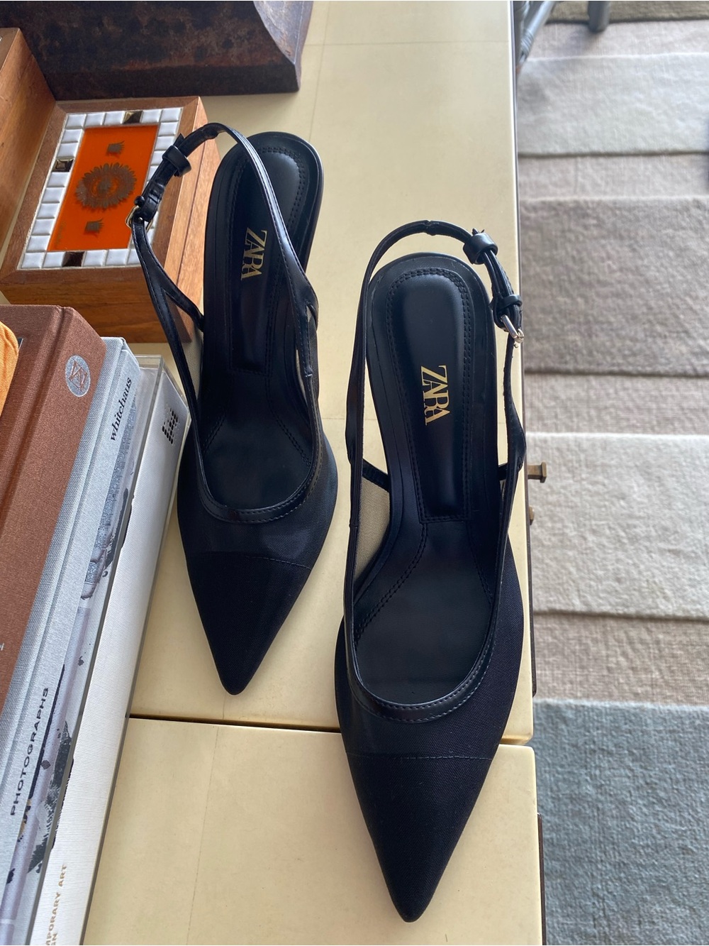 Zara Black Pointed Slingback Pumps with Ankle Strap